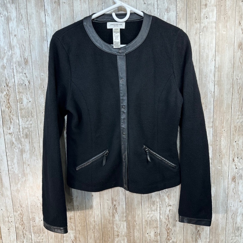 Jones‎ New York Petite Womens Merino Wool Leather Trim Black Cardigan Jacket  m